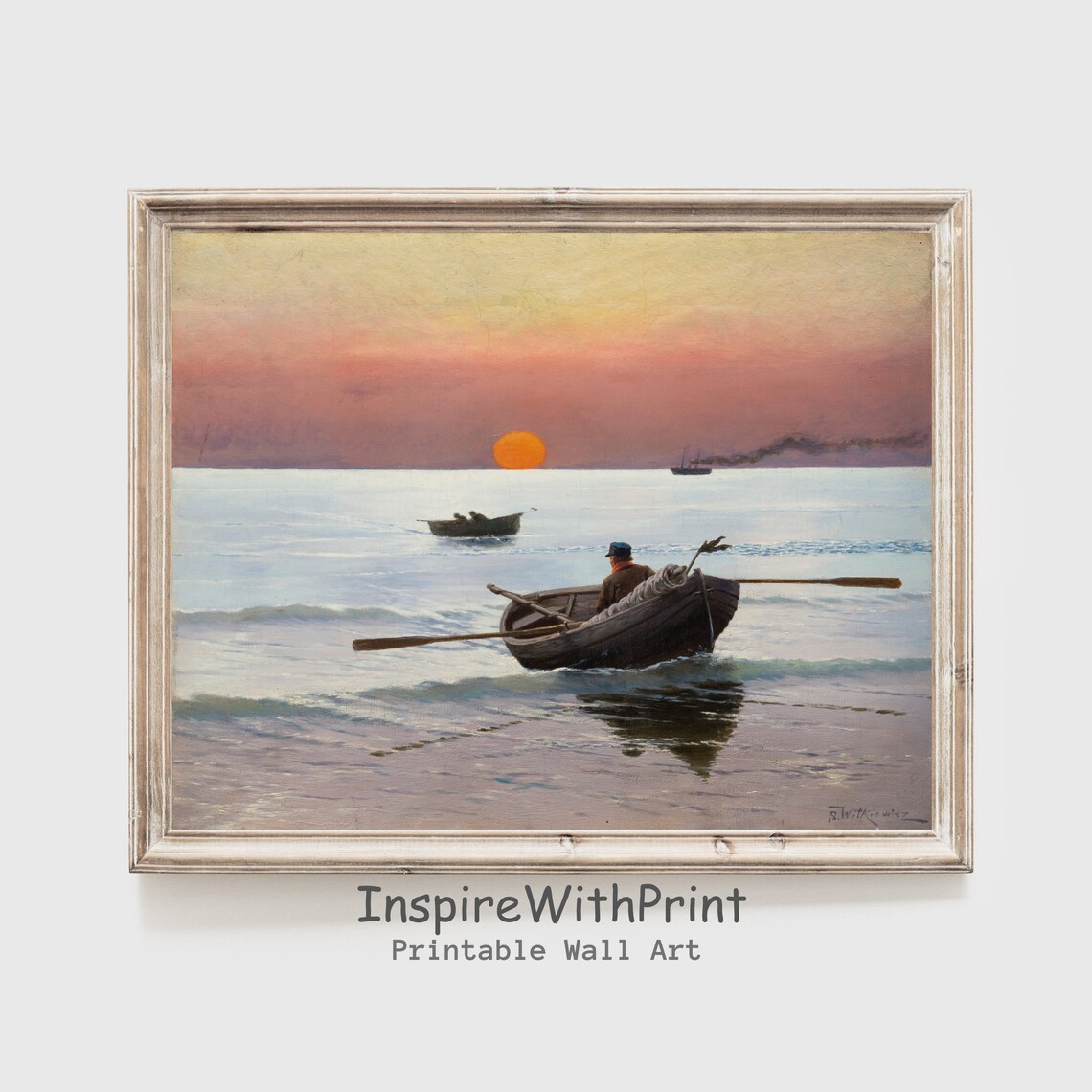 Vintage Sunset Fisherman in Rowboat Seascape Painting Art Poster