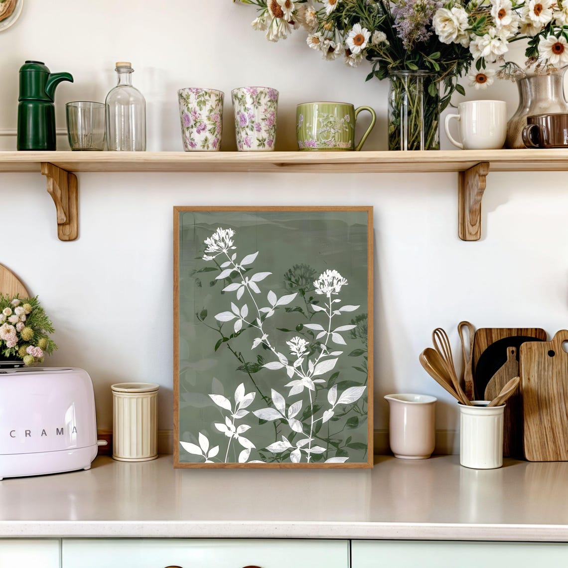 Delicate White Wildflower Stems on Soft Sage Green Art Poster