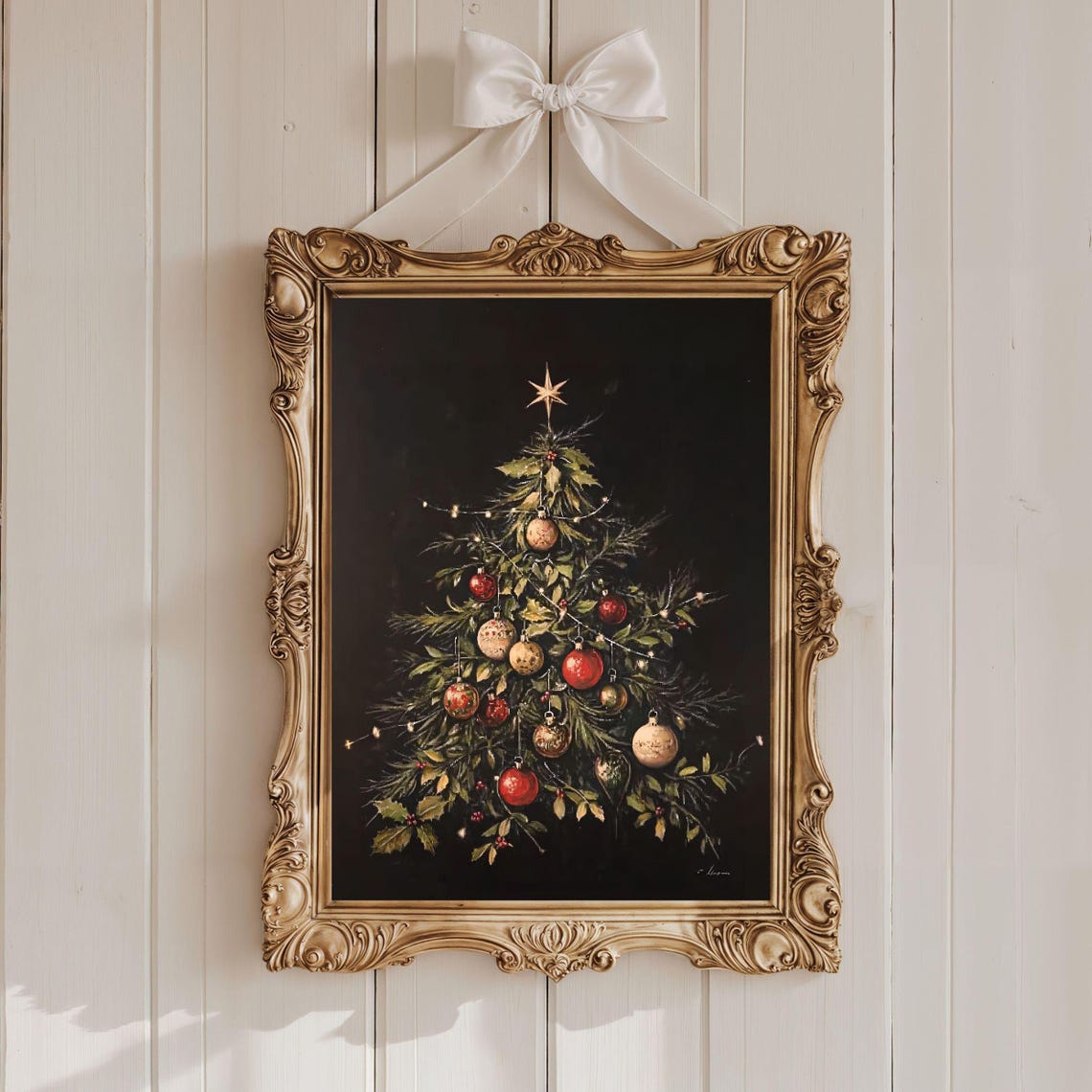 Vintage Christmas Tree With Red Ornaments On Dark Background Poster