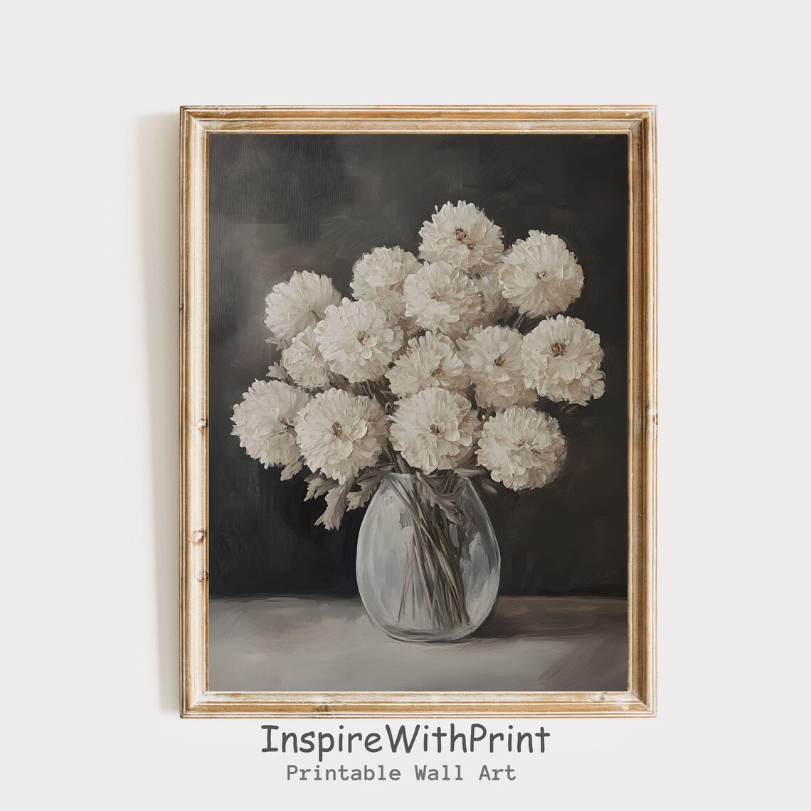 White Chrysanthemum Bouquet In Glass Vase Moody Floral Wall Art