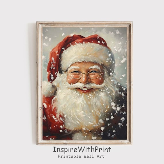 Vintage Santa Claus Portrait Poster Snowy Oil Painting Holiday Decor