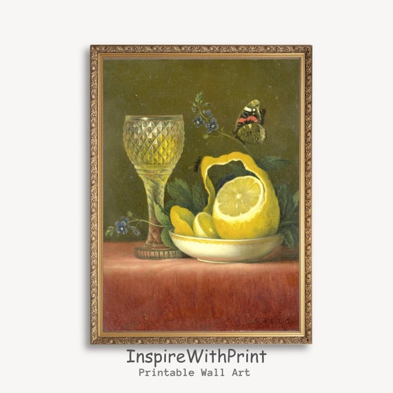 Vintage Lemon Still Life Painting Wall Art Fruit Print Artful Kitchen Antique