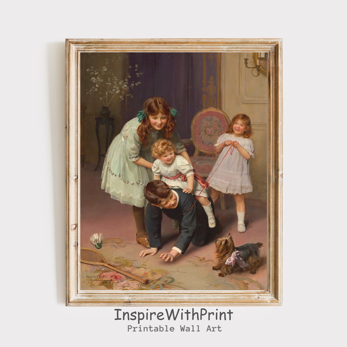Victorian Children Playing with Dog Classic Kids Room Art Poster