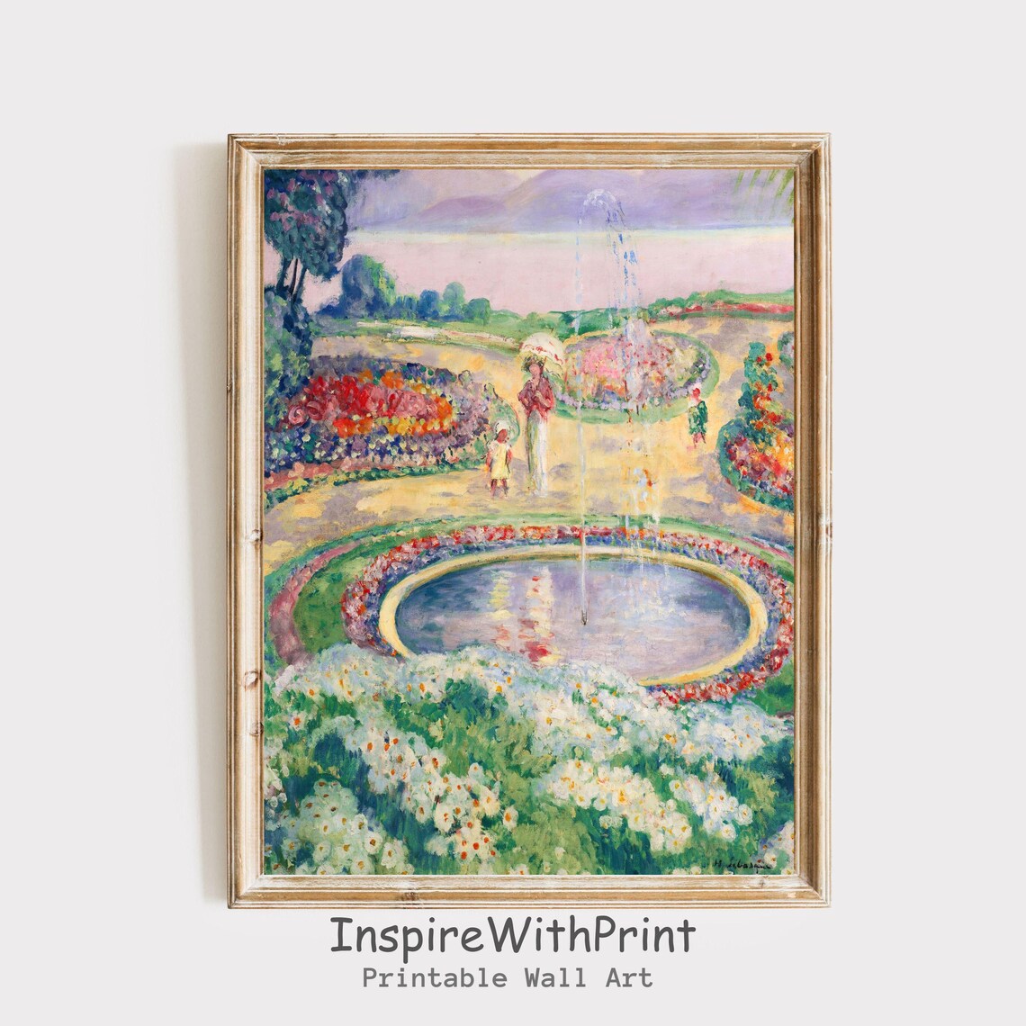Impressionist Flower Garden with Fountain French Pastoral Wall Art