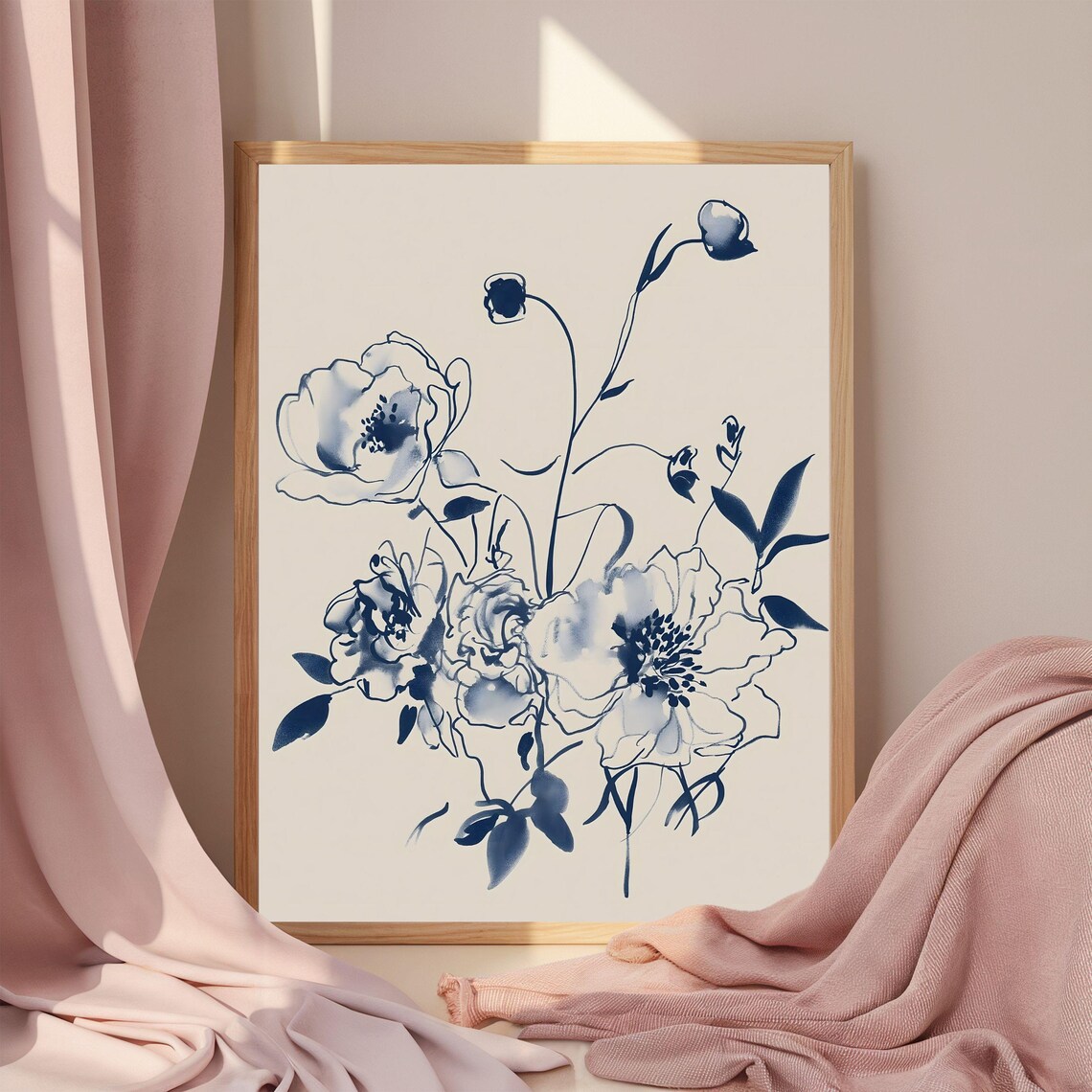 Navy Blue Ink Floral Bouquet Minimalist Watercolor Art Poster