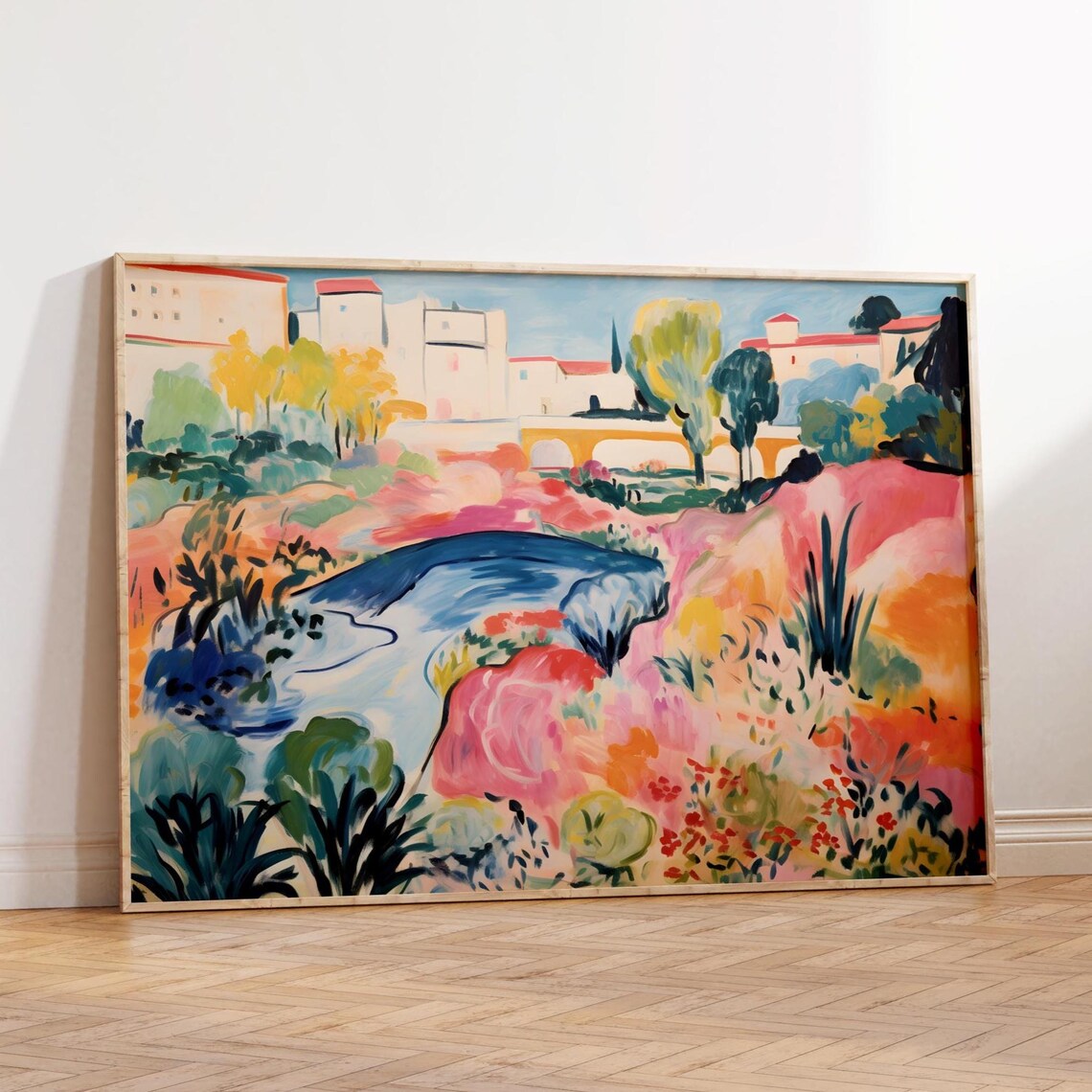 Colorful Abstract Pastel River Village Painting Print Fauvist Home Decor