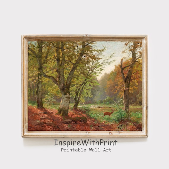 Autumn Forest Deer Vintage Oil Painting Poster Woodland Clearing Scene