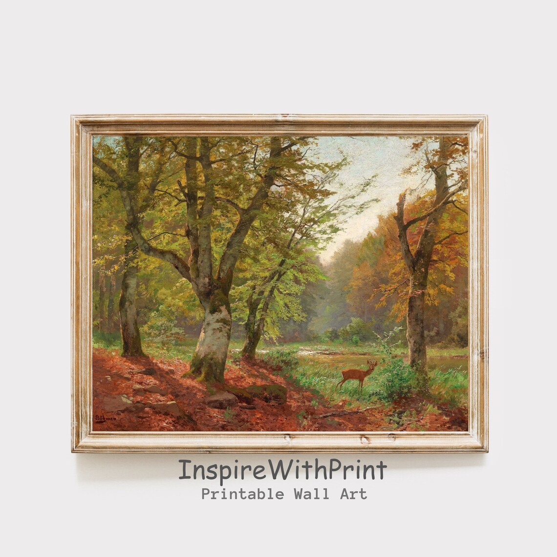 Autumn Forest Deer Vintage Oil Painting Poster Woodland Clearing Scene