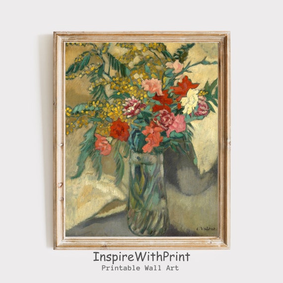 Moody Flower Still Life Painting Vase Wall Art Vintage Print Antique Floral Farmhouse Botanical