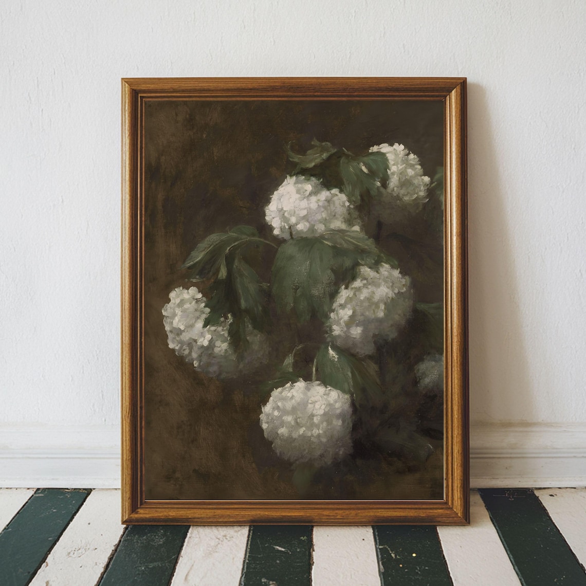 White Hydrangea Blooms Dark Moody Floral Oil Style Vintage Art Poster