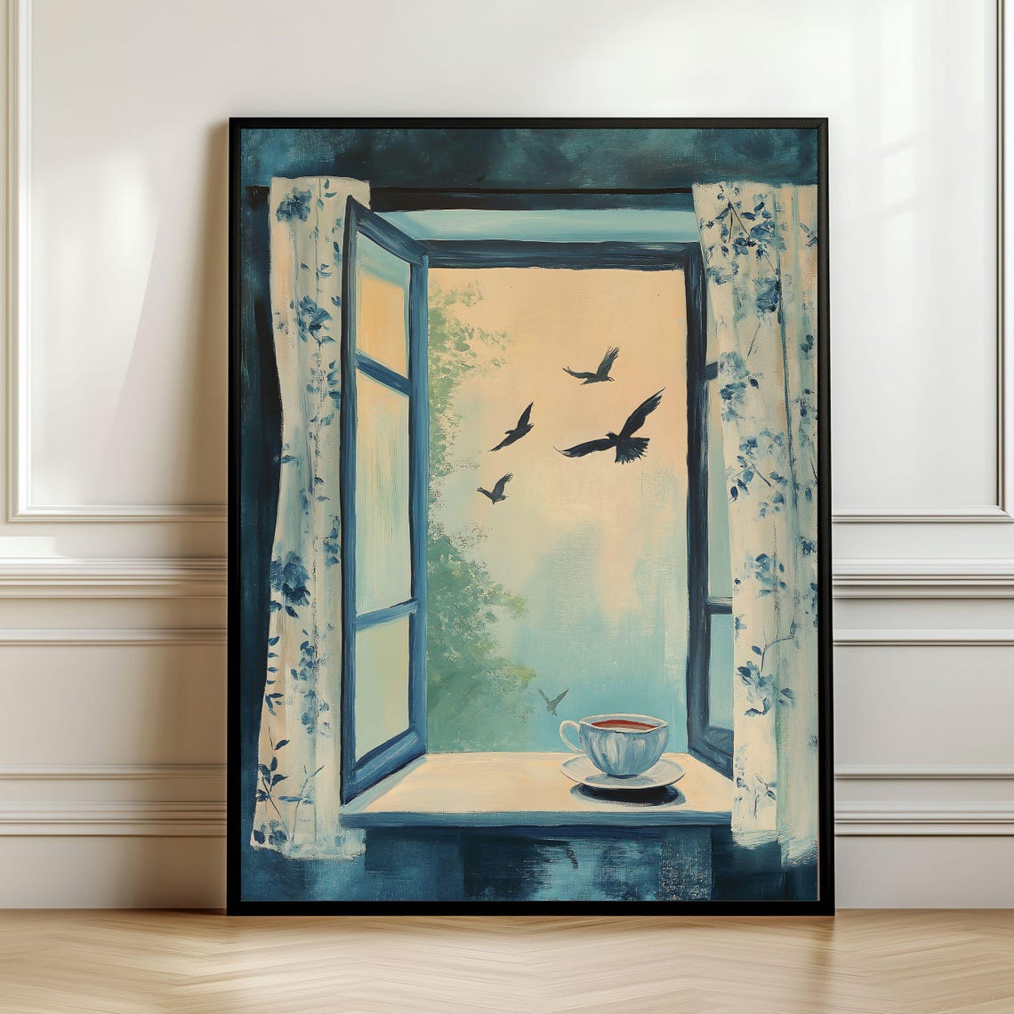 Moody Blue Open Window Birds Tea Cup Dawn Painting Art Poster