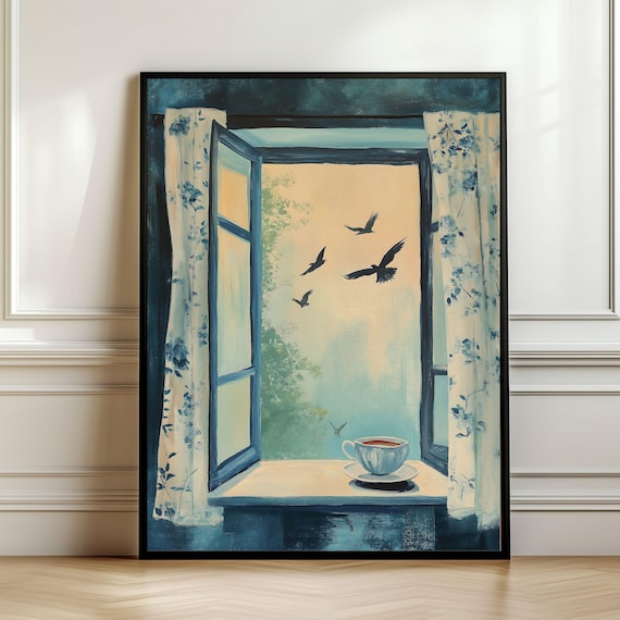 Moody Blue Open Window Birds Tea Cup Dawn Painting Art Poster