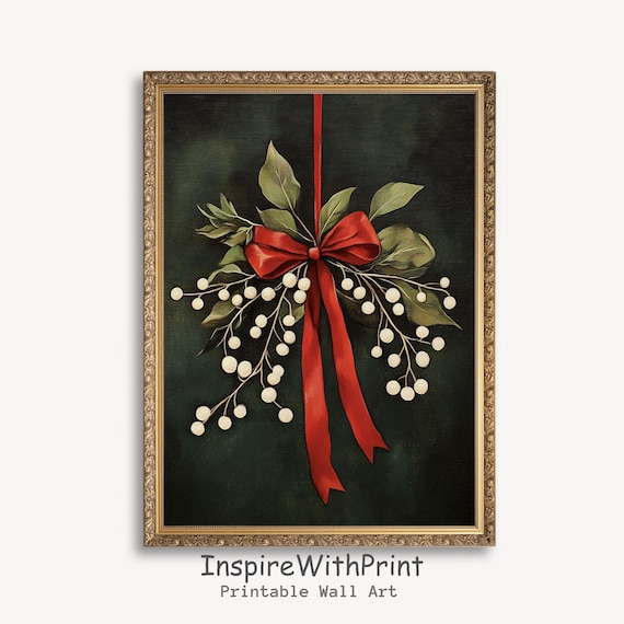 Mistletoe With Red Bow Dark Moody Botanical Christmas Poster