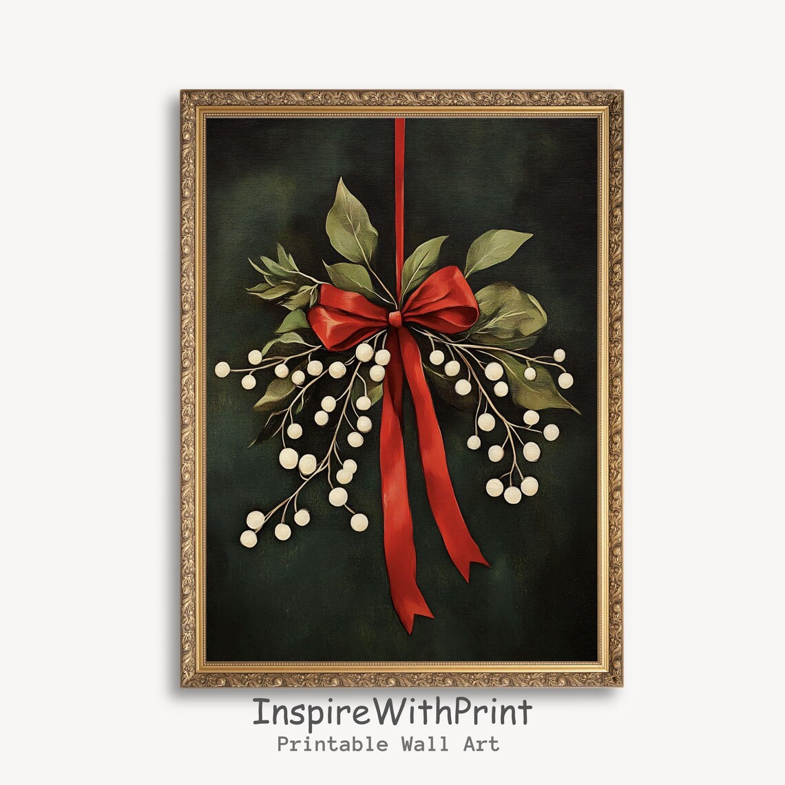 Mistletoe With Red Bow Dark Moody Botanical Christmas Poster