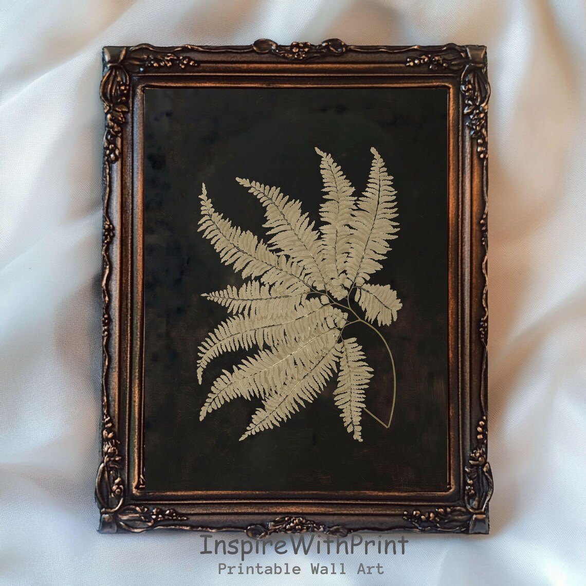 Golden Fern Botanical Art on Dark Moody Background Wall Poster