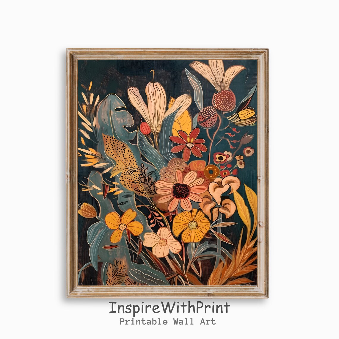 Midcentury Floral Garden Teal Background Vintage Botanical Poster