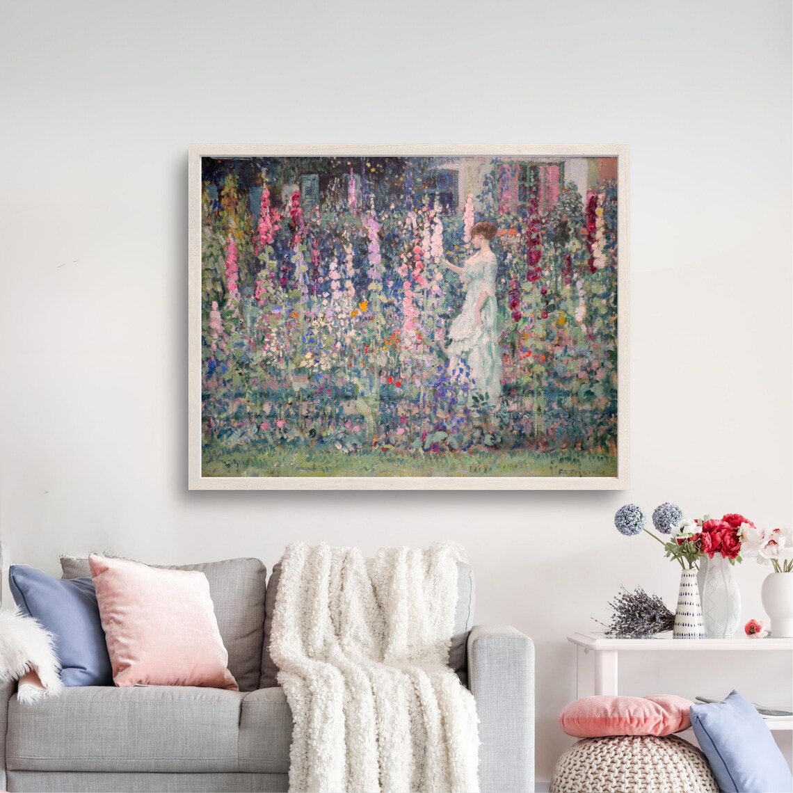 Woman in Flower Garden Vintage Impressionist Garden Scene Print
