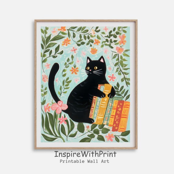 Black Cat With Book Stack Print Gift For Mama Flower And Art Funny Henri Matisse Bookish Wall
