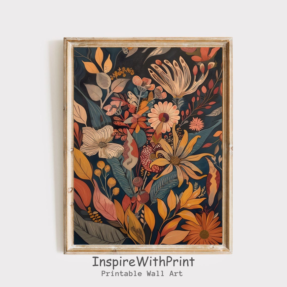 Midcentury Modern Botanical Wildflower Bouquet on Dark Poster