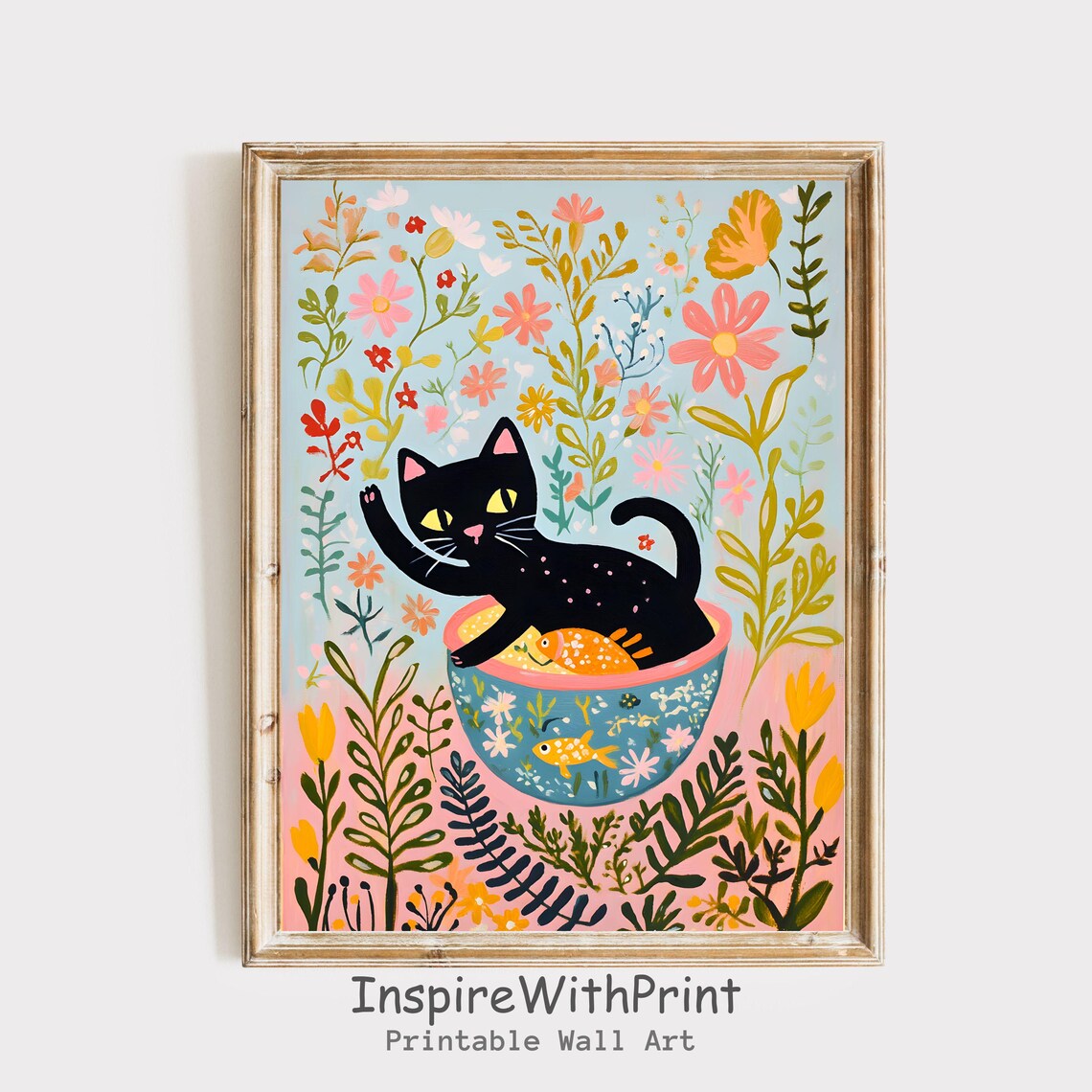 Cute Black Cat Waving From Decorative Floral Fish Bowl Garden Wall Art