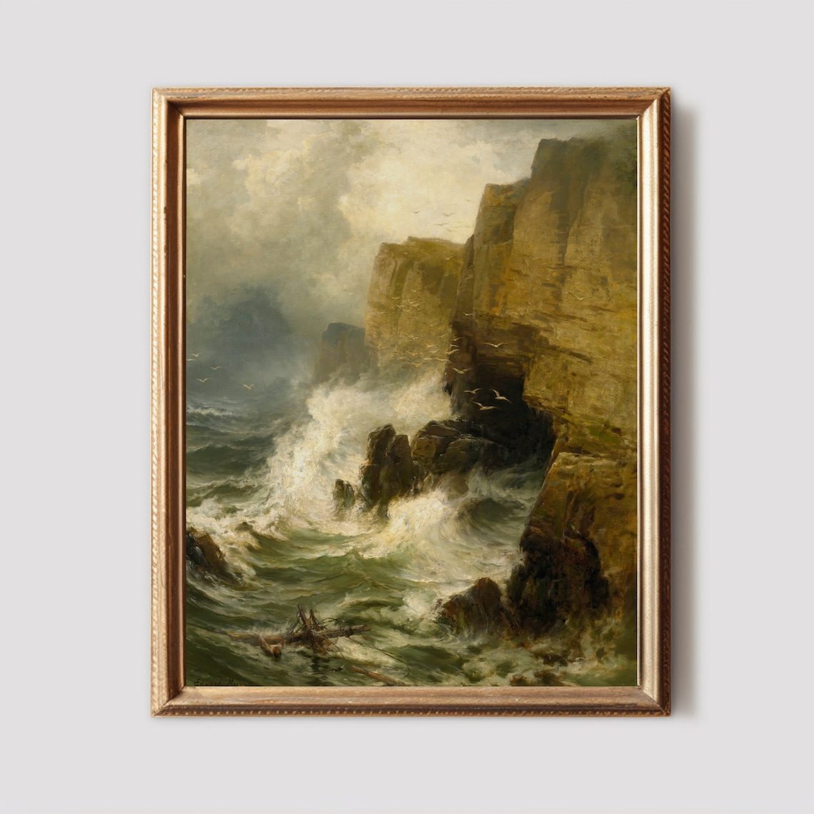 Dramatic Stormy Ocean Cliffs And Waves Nautical Seascape Painting Poster