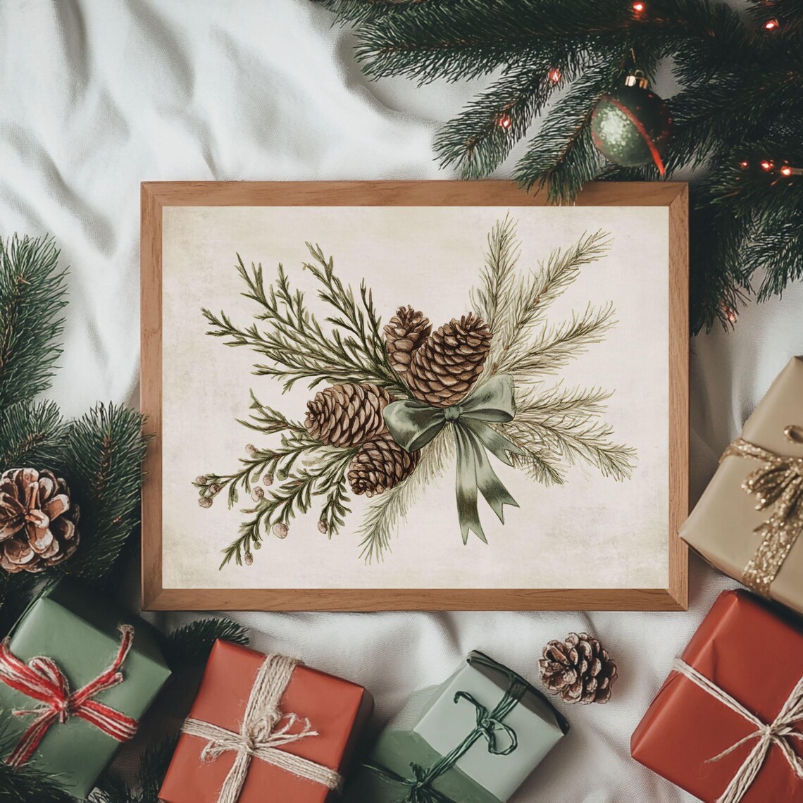 Vintage Christmas Botanical Art Print, Rustic Holiday
