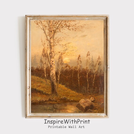 Sunlit Birch Tree by the Water Vintage Autumn Landscape Painting Poster