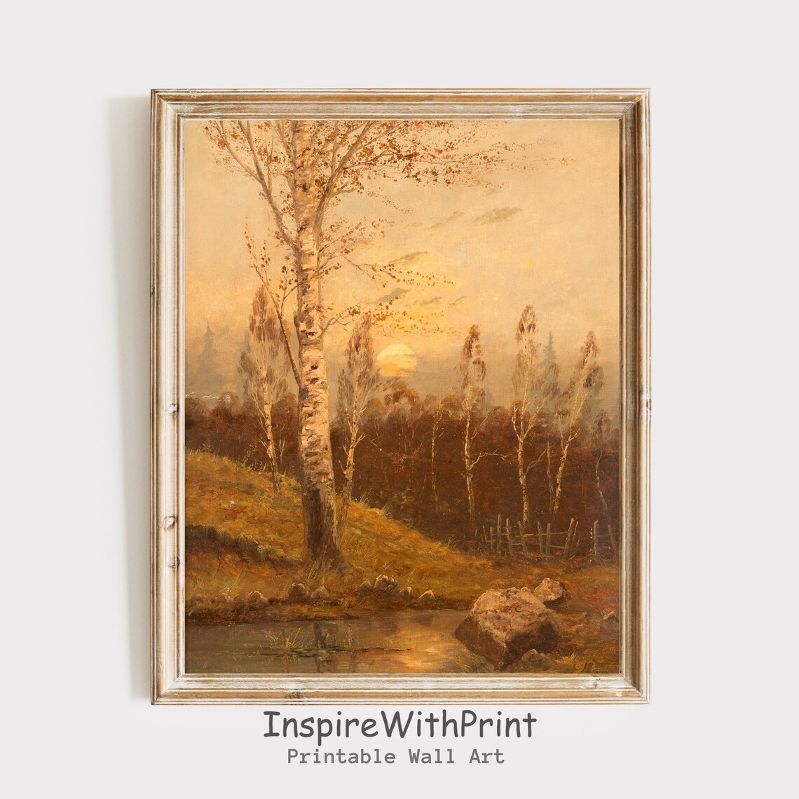 Sunlit Birch Tree by the Water Vintage Autumn Landscape Painting Poster
