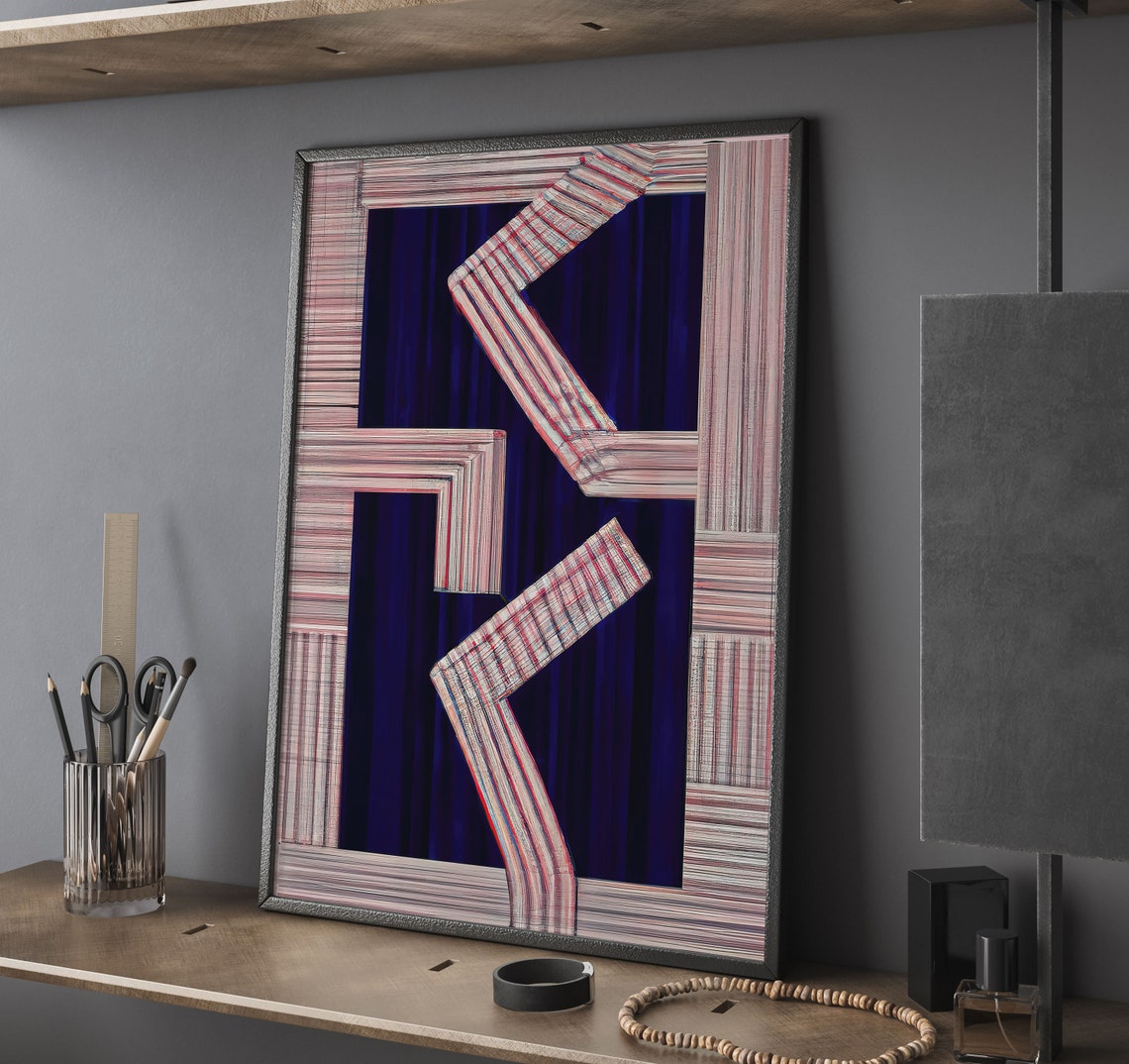Navy Blue Pink Geometric Zigzag Lines Modern Abstract Art Poster