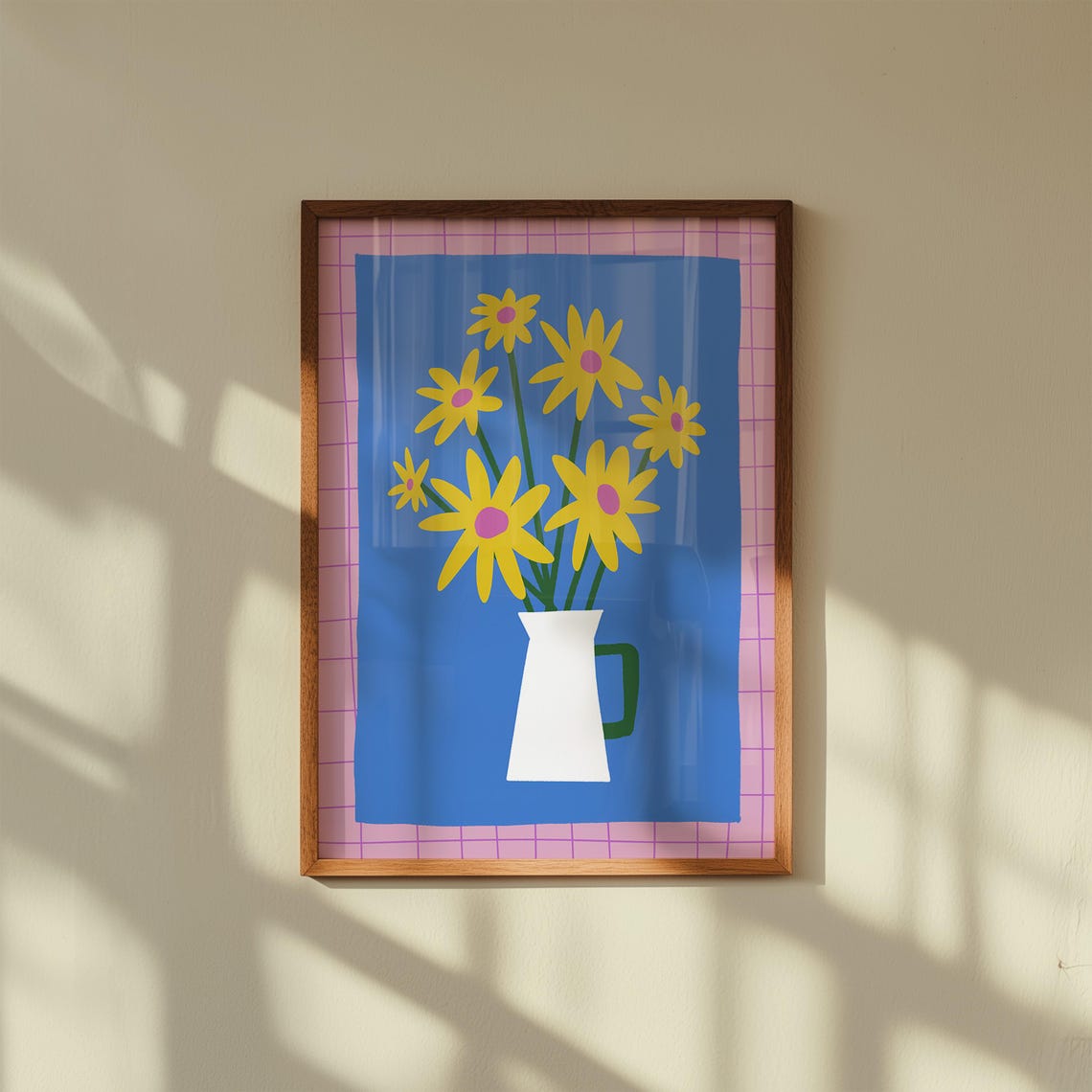 Sunflower Vase Art Print Danish Pastel Decor Daisies Wall Botanical Poster Dopamine Colors Maximalist Pink Blue