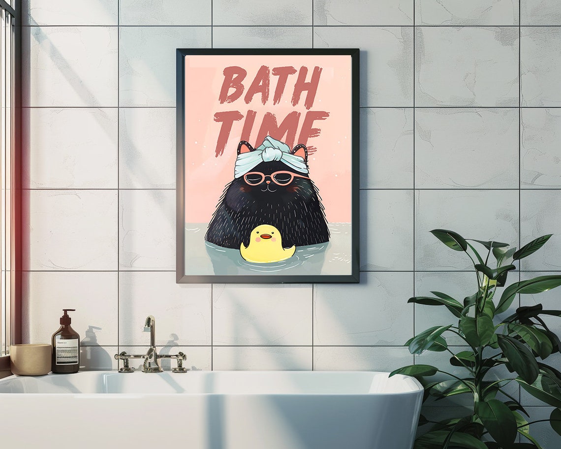Bath Time Fluffy Black Cat With Towel Turban Rubber Duck Poster - Image 3