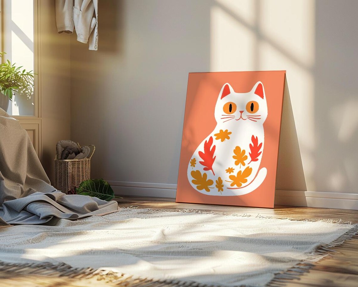 White Cat Silhouette With Autumn Leaves Terracotta Art Poster - Image 2