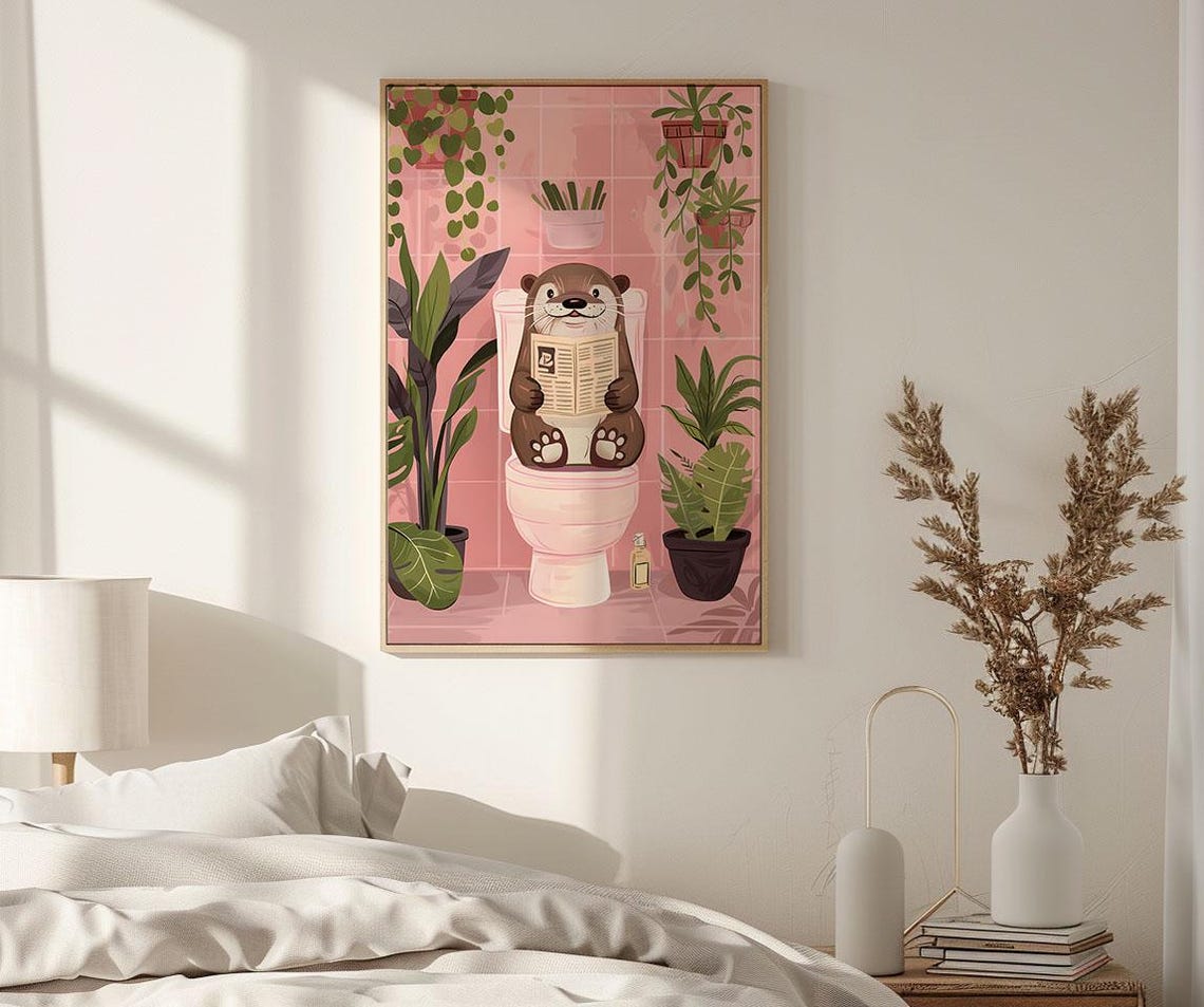 Cute Otter Reading Newspaper on Toilet Pink Bathroom Art Poster - Image 2