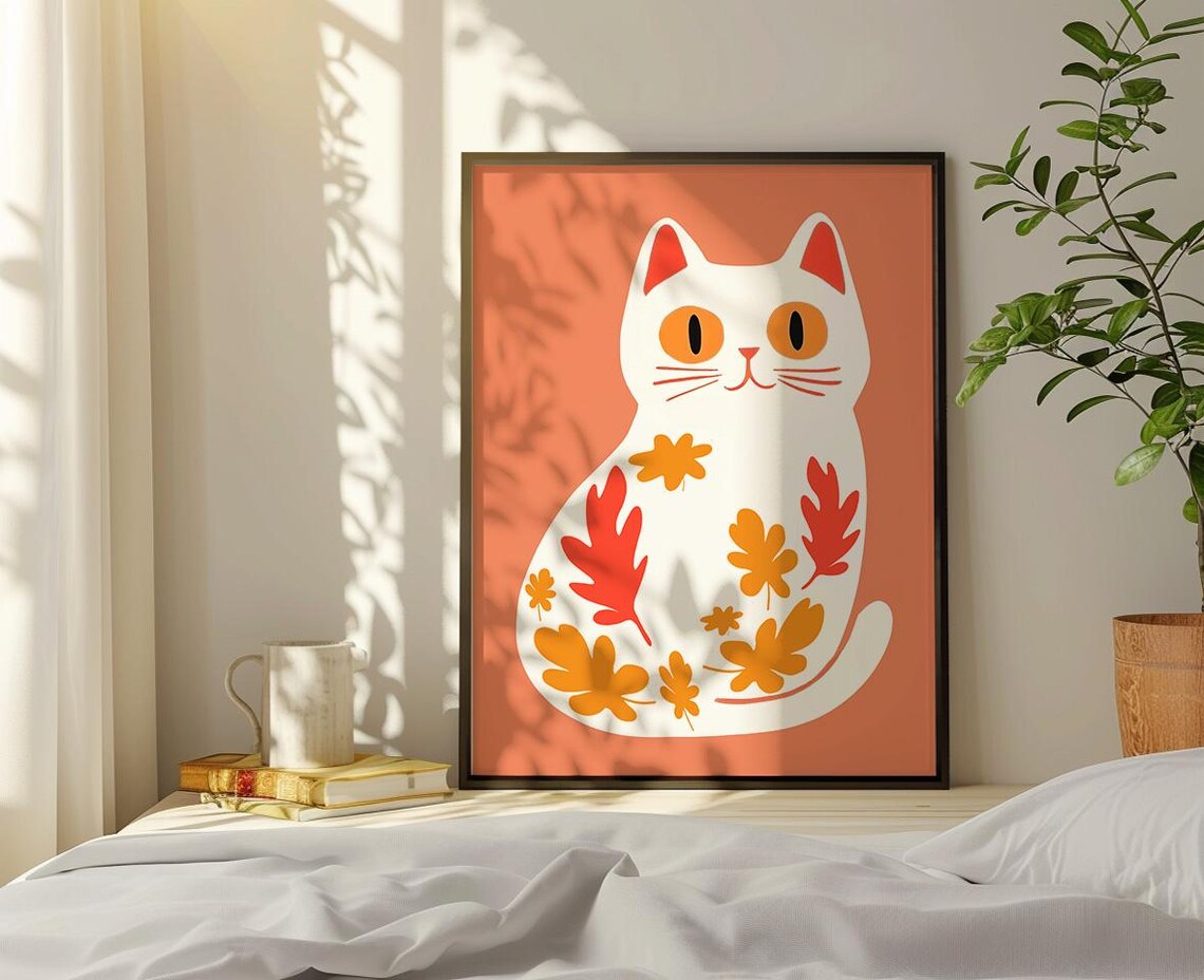 White Cat Silhouette With Autumn Leaves Terracotta Art Poster - Image 3