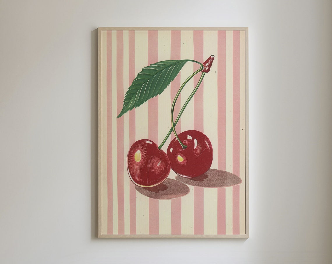 Vintage Cherry Pair Pink Striped Background Retro Art Poster