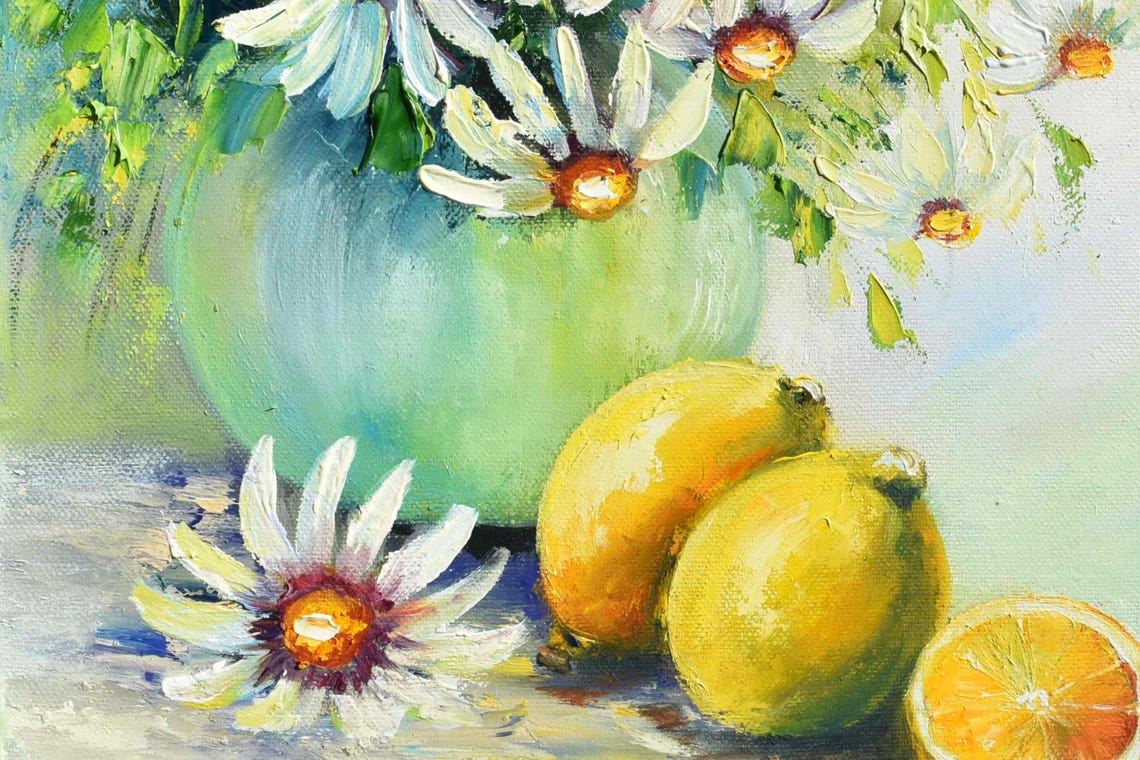 Lemon Painting Field Daisies Art Kitchen Art Food Fruits Wall Art Fruit Painting Daisies Still Life Art Food Art Kitchen Painting Impasto - Image 4