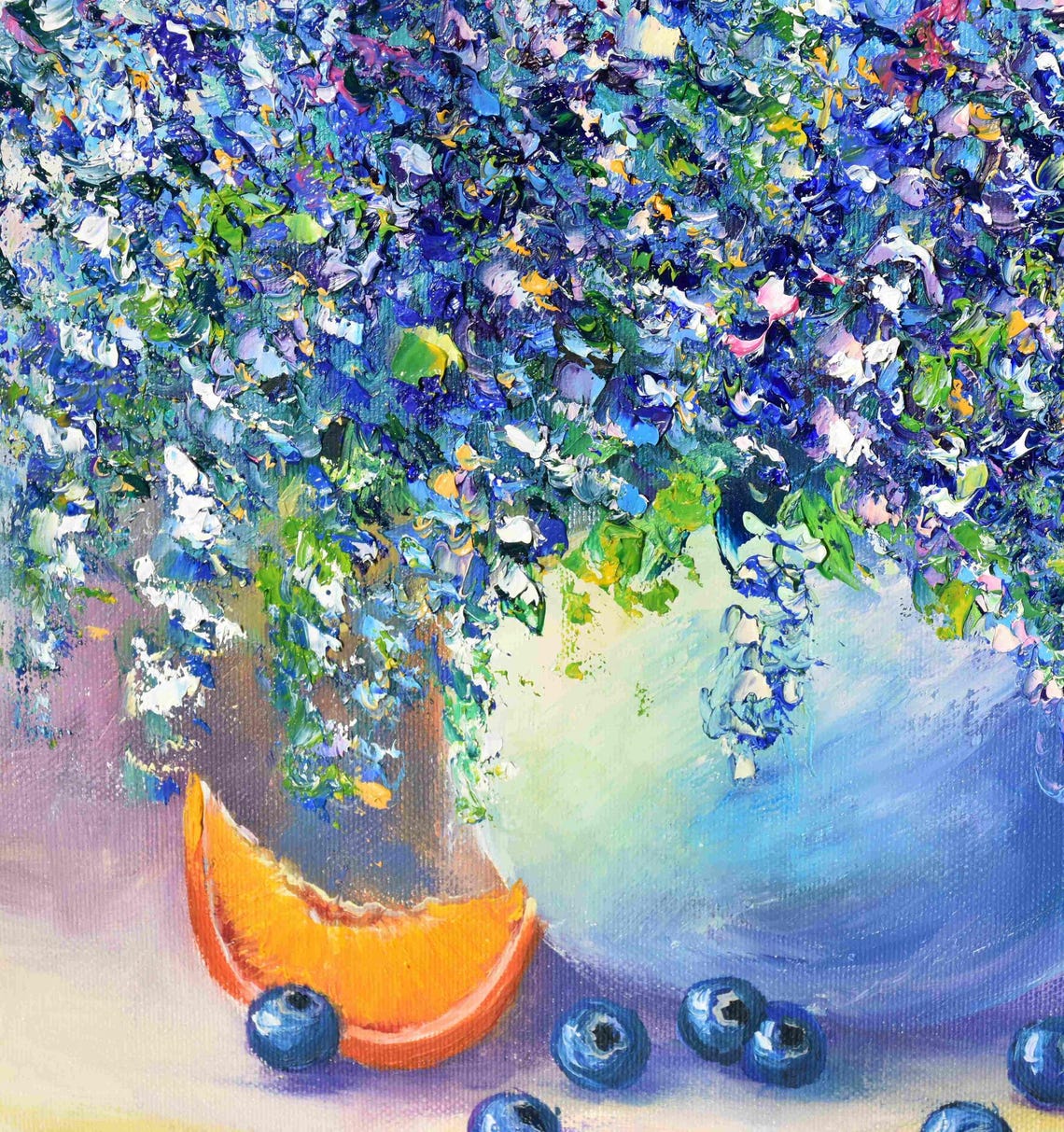 Blue Flower Painting Blueberry Art Food Kitchen Art Impasto Painting Purple Flowers Art Oil Art Textured Wall Art Blue Floral Artwork Origin - Image 5