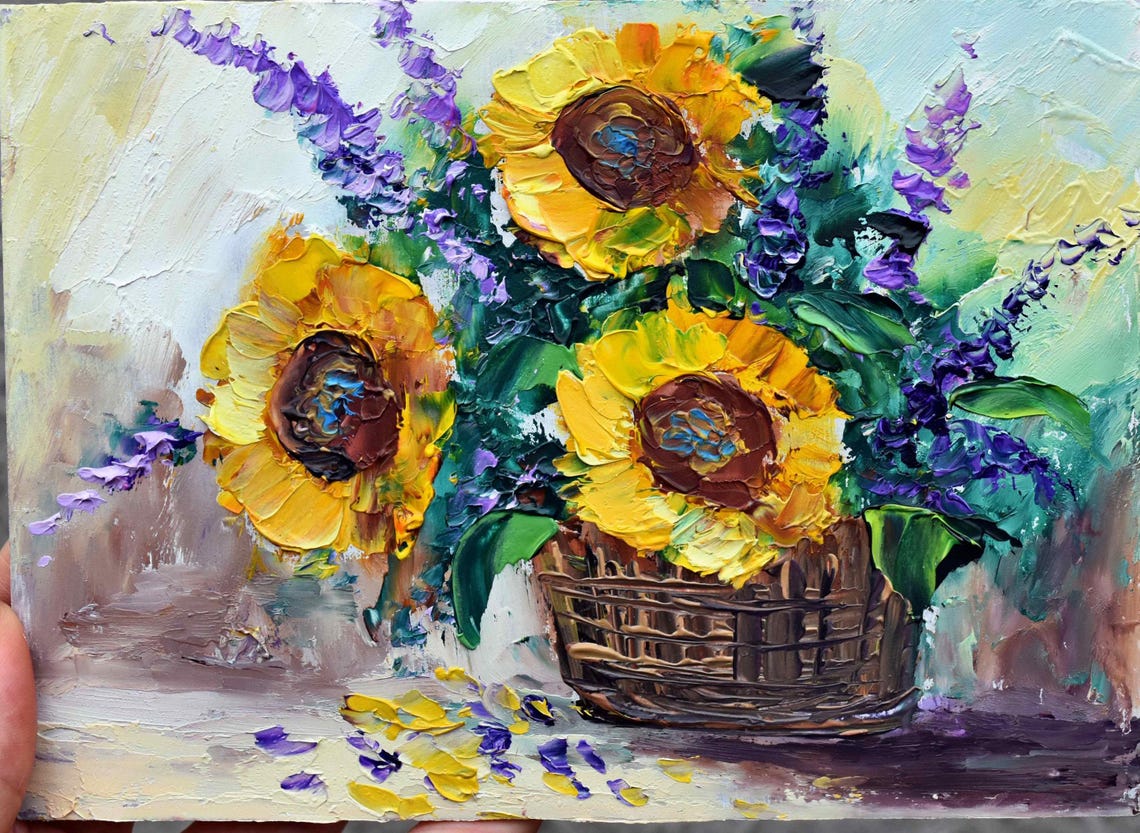 Sunflowers Bouquet In Woven Basket Rustic Floral Oil Art Poster