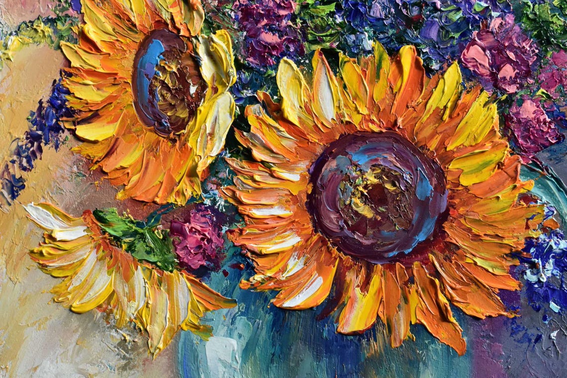 Orange Flower Art Sunflowers Painting Wildflowers Painting Sunflowers Art Still Life Wall Vase Art Impasto Oil Painting Palette Knife Art - Image 5