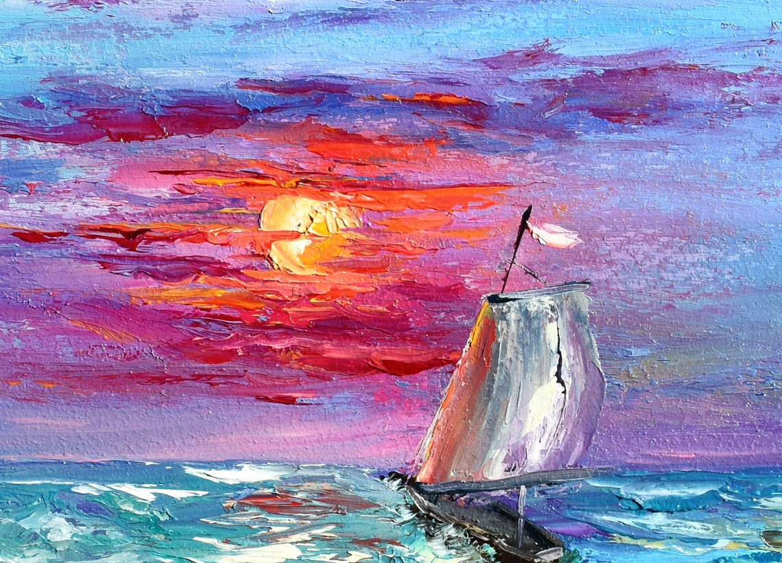 Sailboat Turquoise Waves Pink Sunset Sky Impasto Seascape Oil Wall Art - Image 4