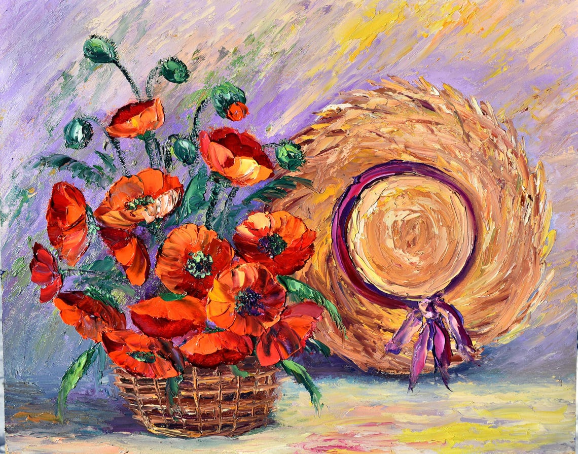 Red Poppy Painting Poppies Painting Poppy Wall Art Flower Artwork Basket Of Poppies Art Poppy Flowers Impasto Painting Red Floral Art Flower