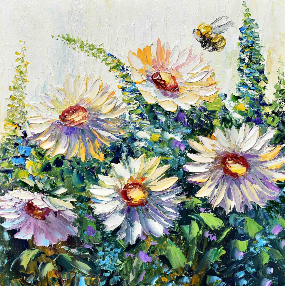 Honey Bee Art Floral Wall Art White Flower Art Bee Wall Art Meadow Landscape Art Impasto Oil Painting Summer Landscape Art Painting Flower