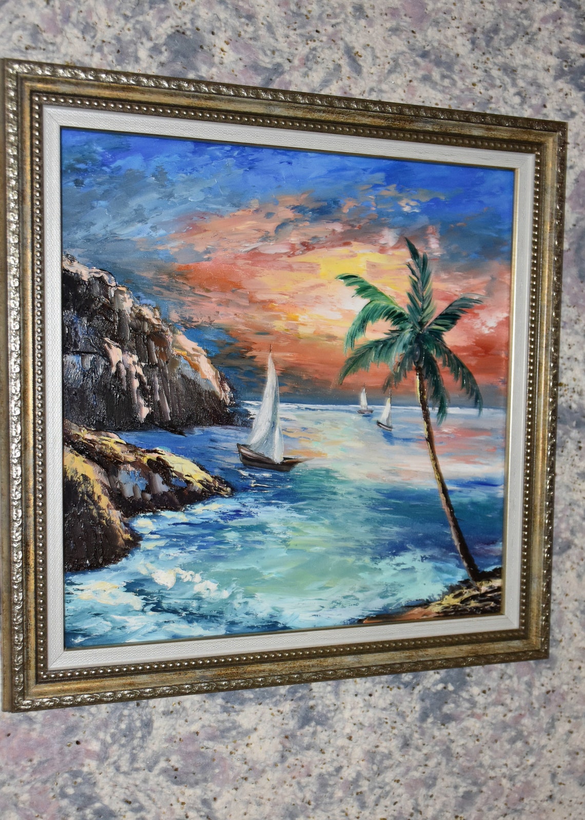Mediterranean Art Sunset Painting Tropical Painting Mountain Landscape Colorful Sunset Sailboat Painting Beach Art Landscape Painting - Image 2