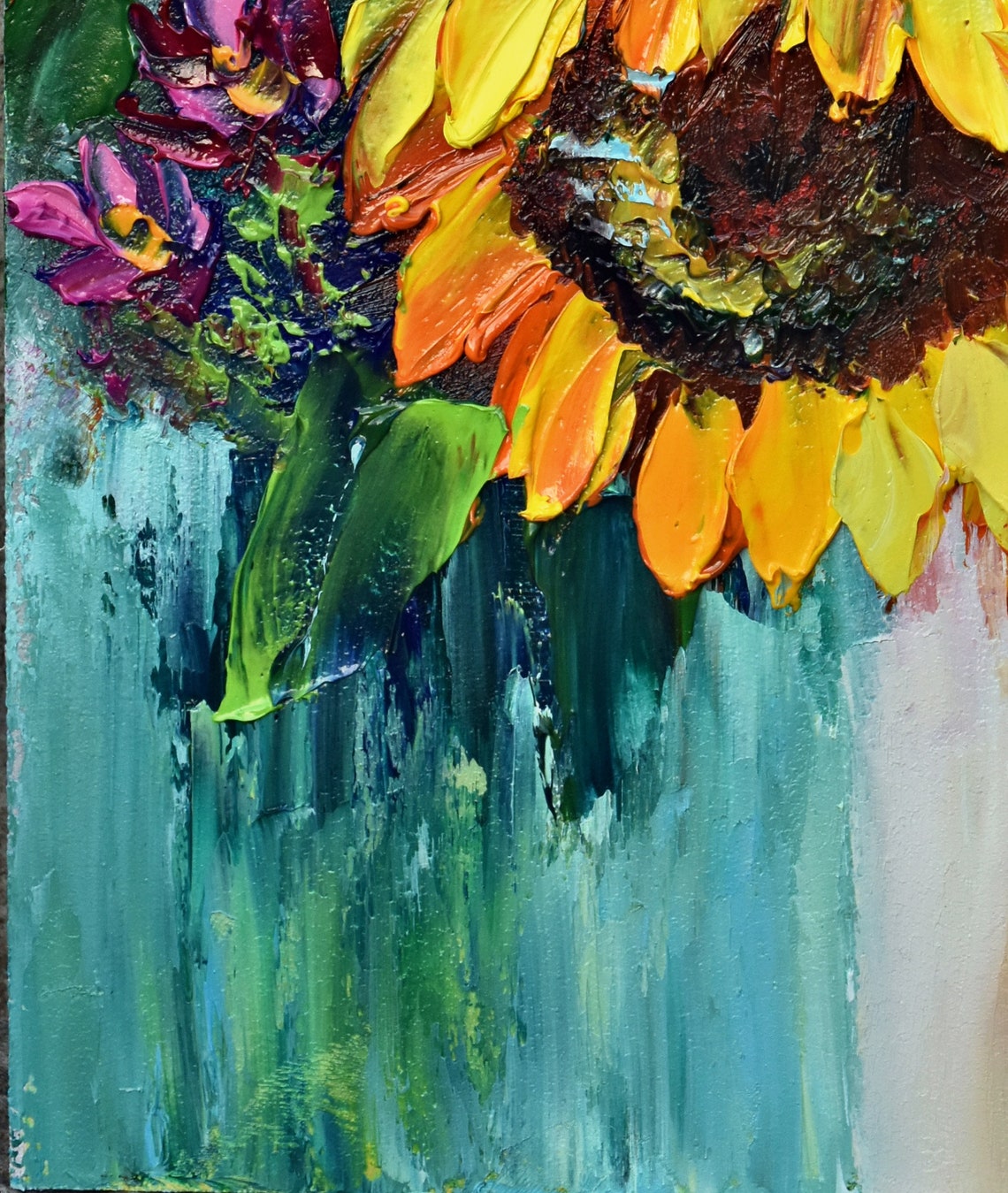 Sunflowers Flowers Sunflowers Art Original Oil Art Sunflower Wall Art Yellow Flower Art Oil Art Textured Blue Wildflowers Art Floral Artwork - Image 5