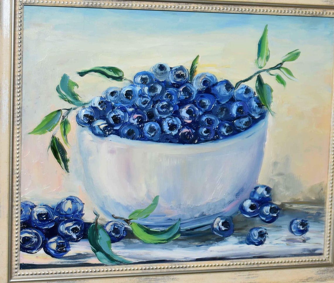 Blueberry Bowl Framed Kitchen Still Life Oil Painting Food Poster - Image 5
