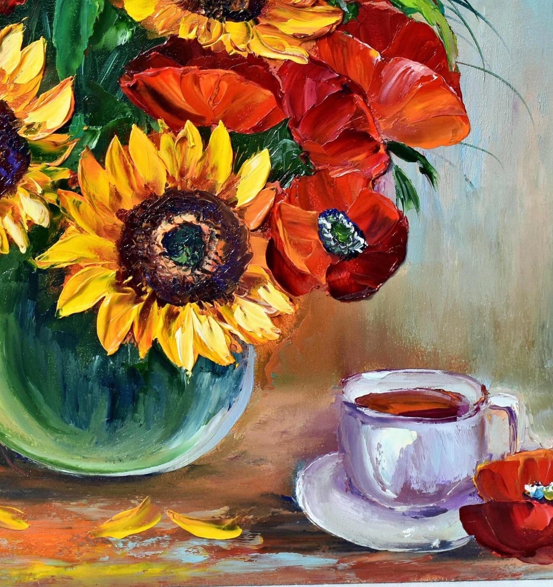 Sunflowers Painting Still Life Painting Sunflower Wall Art Poppies Painting Yellow Flower Art Red Poppies Art Poppy Painting Large Oil - Image 4
