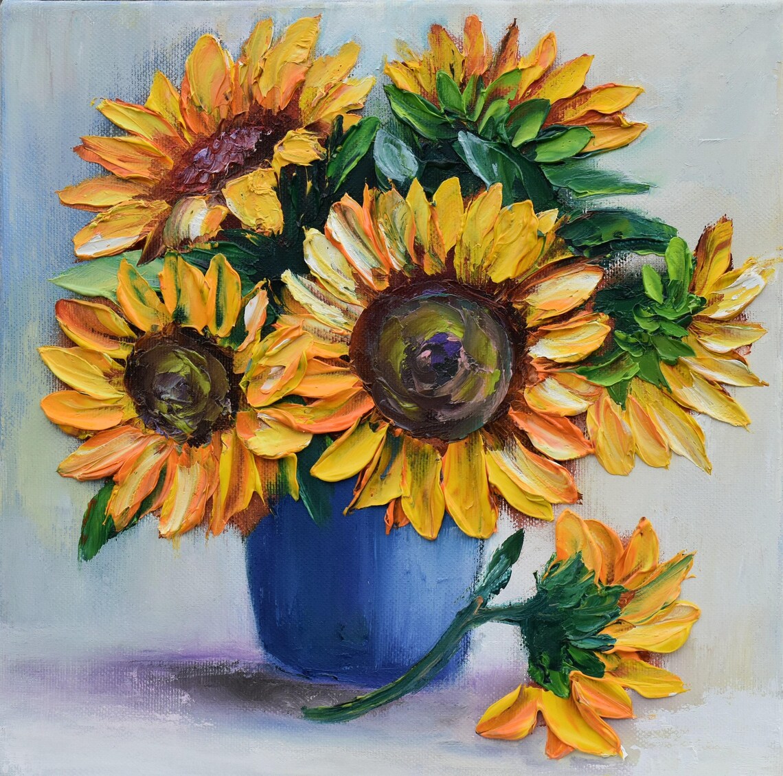 Sunflower Bouquet in Blue Vase Impasto Still Life Oil Painting Print - Image 2