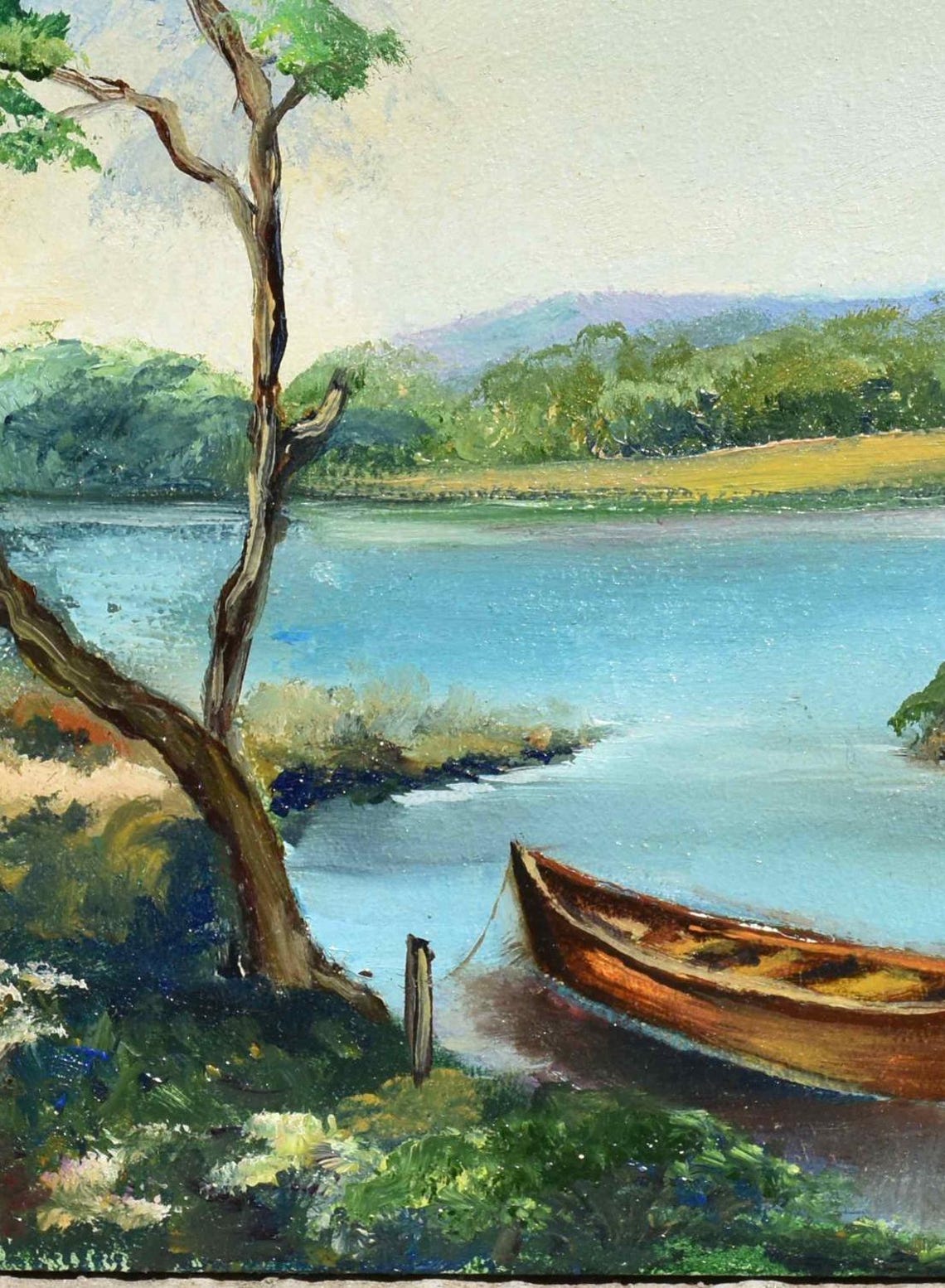 Boat On The River Art Landscape Painting Boat On The Lake Lake Painting Landscape Oil River Landscape Painting In Oil Art Fishing Oil Art - Image 2