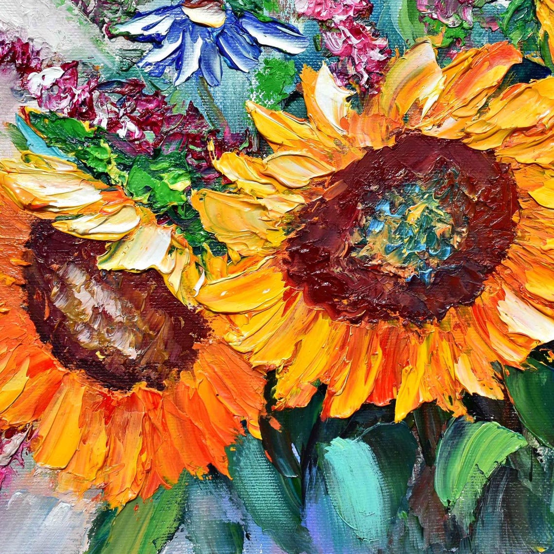 Art Bouquet Of Wild Flowers Sunflowers Oil Art Landscape Painting Blue Wildflowers Art Meadow Painting Sunflower Interior Flower Artwork - Image 4