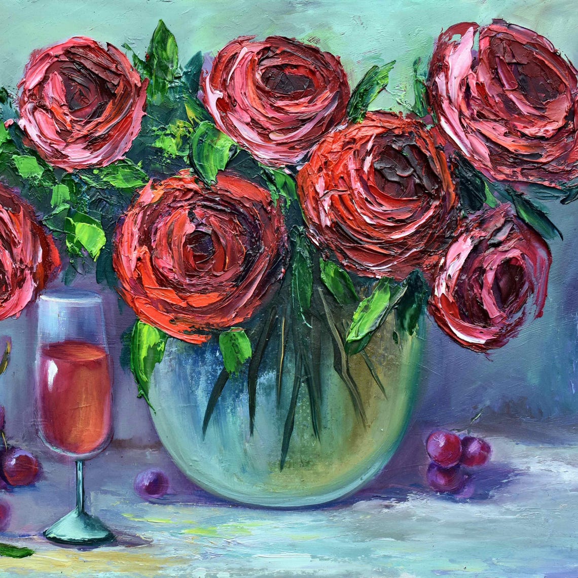 Rose Original Art Roses Flowers Art Painting Flower Original Roses Grapes Art Kitchen Glass Of Wine Art Original Art Rose Painting Oil Art